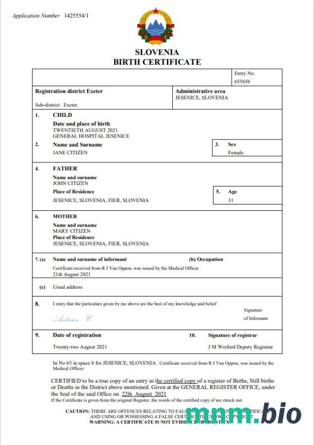 Slovenia narodziny certyfikat Word i PDF szablon